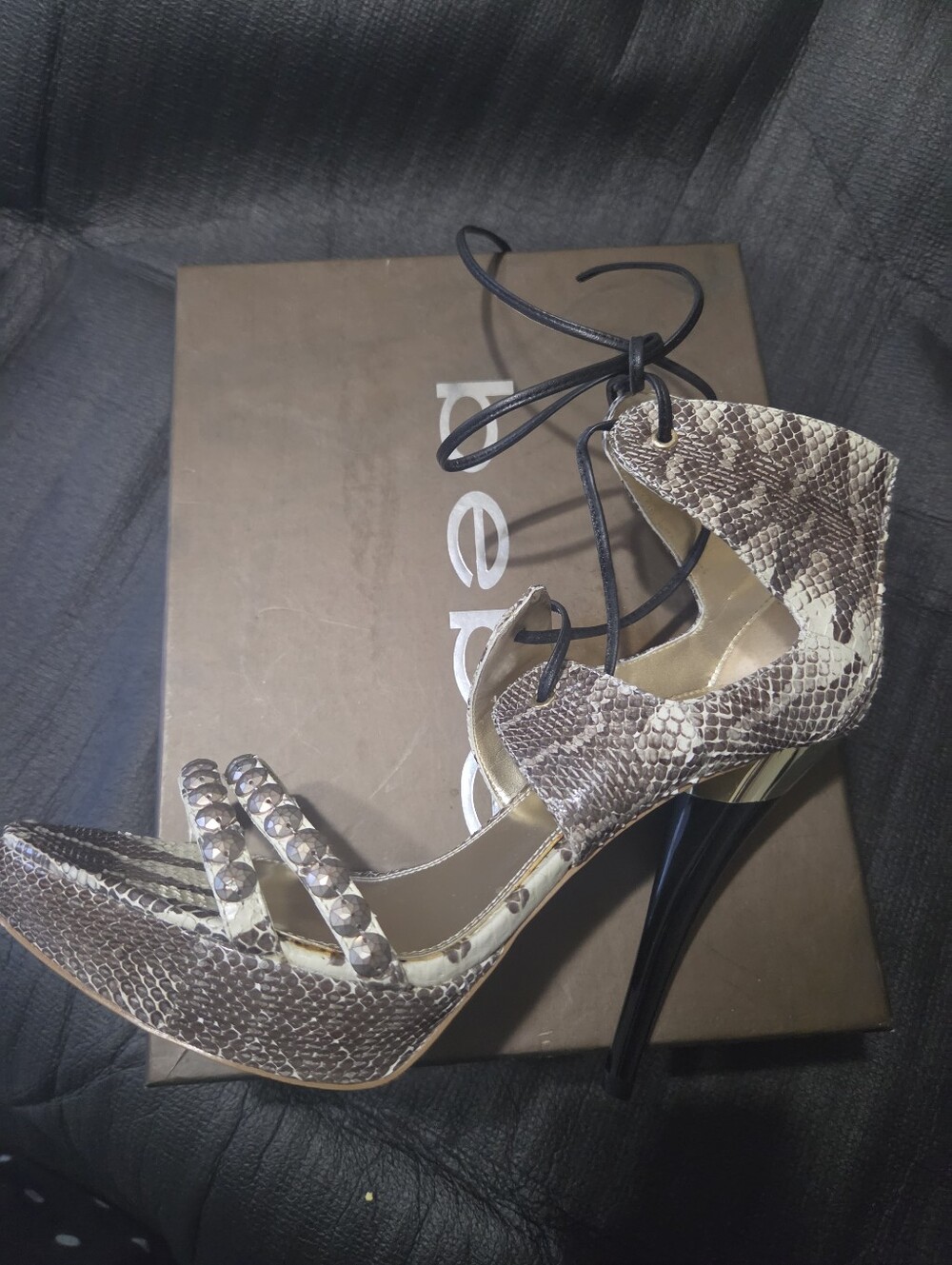 Bebe Snake Print Studded Lace-Up High Heel Sandals - Brown/Black.
